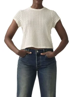 Top écru uni coupe droite avec effet maille ajourée sur le pourtour