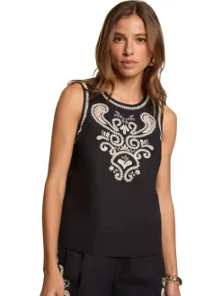 Top en coton black uni pourvu d'une coupe droite et d'un col rond