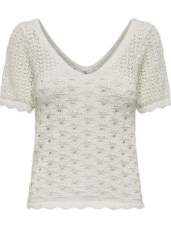Top en coton blanc en crochet ajouré avec une coupe droite et un col v