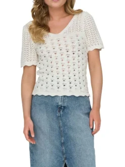 Top en coton blanc en crochet ajouré avec une coupe droite et un col v