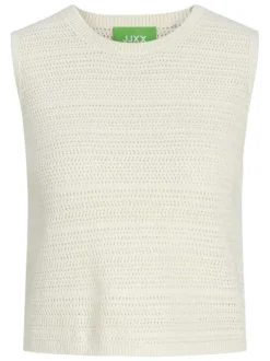 Top en coton blanc sans manche en maille ajourée pourvu d'un coupe droite