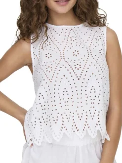 Top en coton blanc uni avec une coupe droite et un col rond