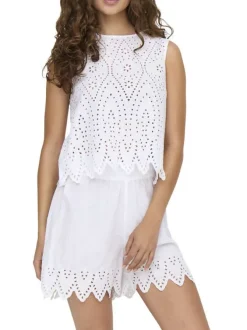 Top en coton blanc uni avec une coupe droite et un col rond