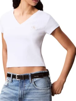 Top en coton blanc uni à col v et à coupe courte avec un patch à la poitrine