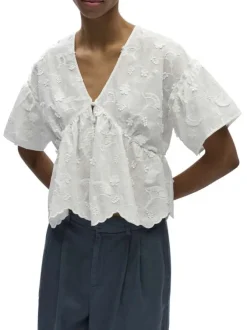 Top en coton blanc uni pourvu d'un col v et d'une coupe droite