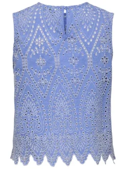 Top en coton bleu uni avec une coupe droite et un col rond