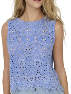 Top en coton bleu uni avec une coupe droite et un col rond