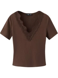 Top en coton chocolat uni pourvu de manches courtes et d'un col v