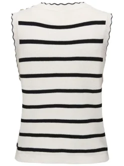 Top en coton écru avec des rayures noires à coupe droite et à col V