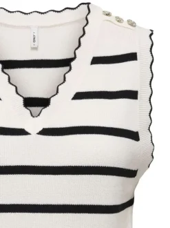 Top en coton écru avec des rayures noires à coupe droite et à col V