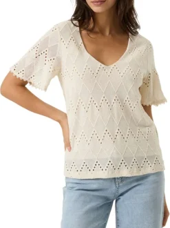 Top en coton écru en maille ajourée à motifs avec une coupe droite