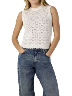 Top en coton mélangé blanc uni avec une coupe droite et un col rond