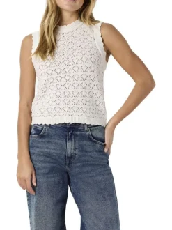 Top en coton mélangé blanc uni avec une coupe droite et un col rond