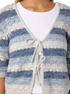 Top en coton mélangé bleu à rayures pourvu d’une coupe droite et d’un col en V