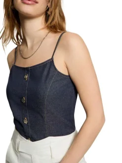 Top en coton mélangé brut uni avec une coupe ajustée et un décolleté arrondi
