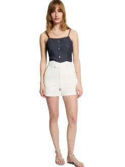 Top en coton mélangé brut uni avec une coupe ajustée et un décolleté arrondi