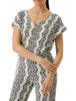 Top en coton mélangé écru à rayures bleues avec une coupe droite