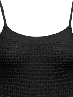 Top en coton mélangé noir uni avec une coupe droite et un col rond