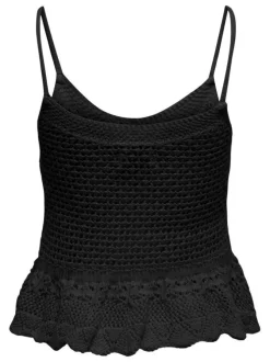Top en coton mélangé noir uni avec une coupe droite et un col rond