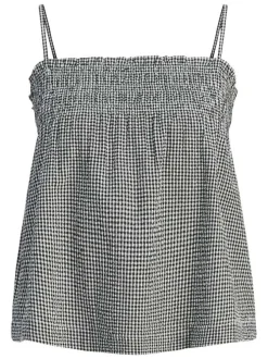 Top en coton noir pourvu d'un motif à carreaux et d'un décolleté bustier