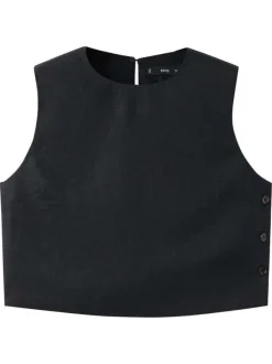 Top en coton noir uni avec un col rond et une fermeture boutonnée