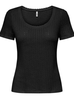 Top en coton noir uni avec une coupe droite et des manches courtes
