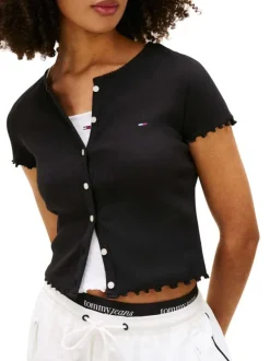 Top en coton noir uni avec une coupe droite et un col rond