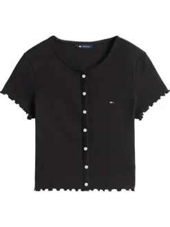 Top en coton noir uni avec une coupe droite et un col rond