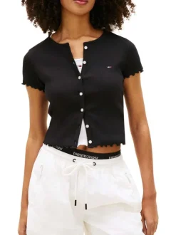 Top en coton noir uni avec une coupe droite et un col rond