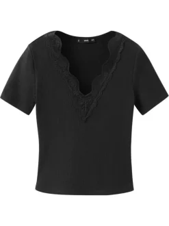 Top en coton noir uni uni pourvu de manches courtes et d'une coupe droite