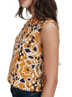 Top en coton orange à motifs pourvu d'une coupe droite et d'un col rond