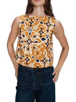 Top en coton orange à motifs pourvu d'une coupe droite et d'un col rond