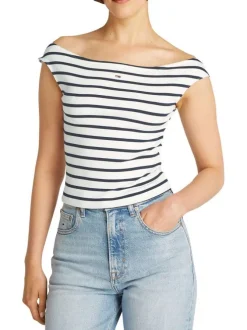 Top en coton régénératif écru rayé style marinière à coupe ajusté et col bateau