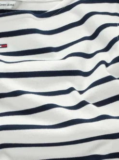 Top en coton régénératif écru rayé style marinière à coupe ajusté et col bateau