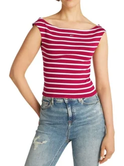 Top en coton régénératif framboise rayé style marinière ajusté à col rond