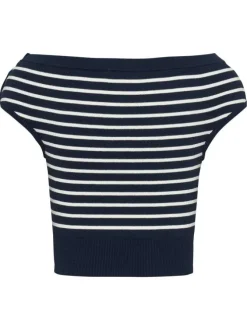 Top en coton régénératif marine rayé style marinière bardot, ajusté à col rond