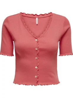 Top en coton rose uni coupe droite avec un col v et boutonné à l'avant