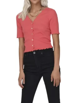 Top en coton rose uni coupe droite avec un col v et boutonné à l'avant