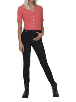 Top en coton rose uni coupe droite avec un col v et boutonné à l'avant