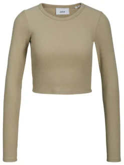 Top en coton taupe uni avec une coupe près du corps et un col rond