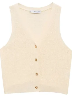 Top en maille beige clair uni à col v sans manches fermé par des boutons