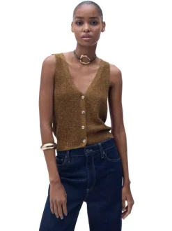 Top en maille marron uni à col v sans manches fermé par des boutons