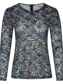 Top en voile noir et multicolore imprimé coupe droite col rond et à manches longues