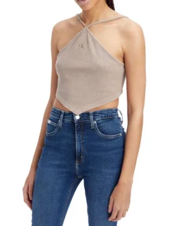 Top à fines bretelles en coton beige uni plus long à l'avant