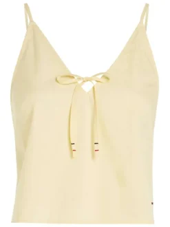 Top à fines bretelles en coton biologique jaune uni à coupe cropped et col v