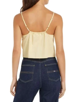 Top à fines bretelles en coton biologique jaune uni à coupe cropped et col v