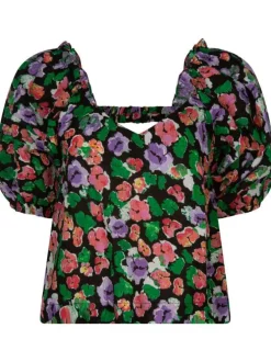 Top imprimé floral en coton maille effet gaufrée coupe cropped et col v à manches courtes