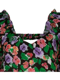 Top imprimé floral en coton maille effet gaufrée coupe cropped et col v à manches courtes