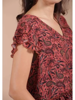 Top à imprimé éthnique pour femme brique coupe évasée PEACE