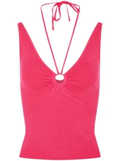 Top à larges bretelles fuchsia côtelé avec une coupe droite et un col v